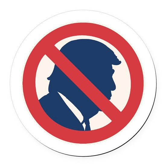 Graphic image of Donald Trump with a Slash across it, indicating anti-Trump
