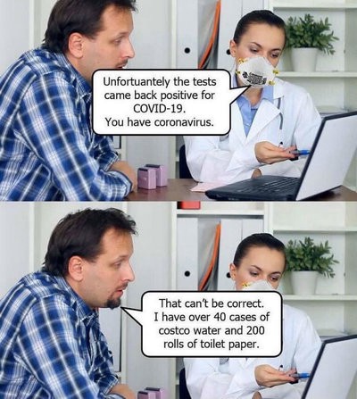 A man telling a doctor he can’t have the coronavirus because he has Costco toilet paper and water
